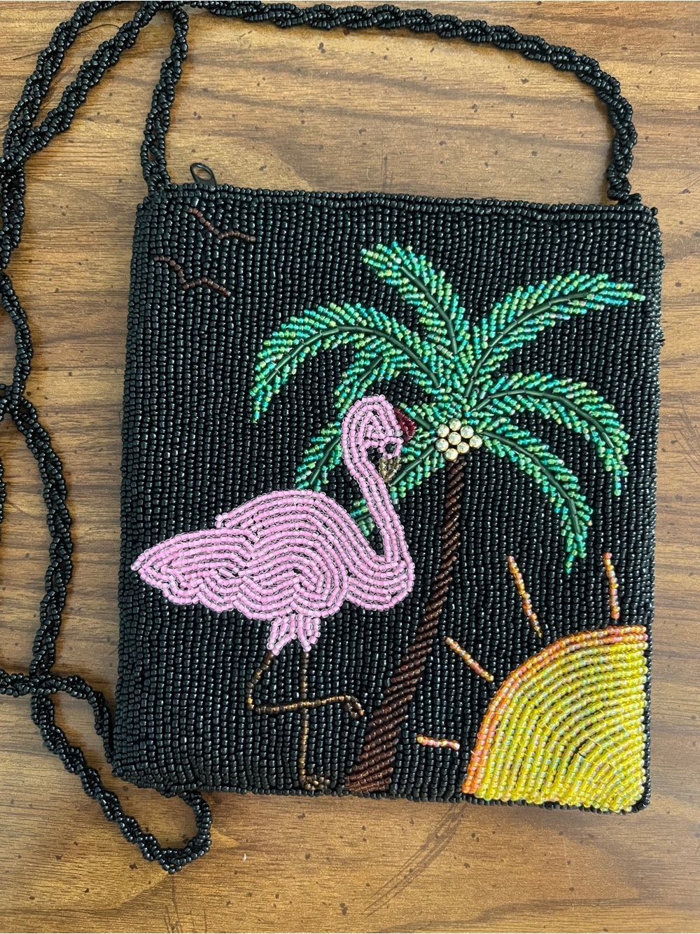 Ermo Beaded Cross Body Purse With Flamingo Palm Tree Sun Birds  Fun